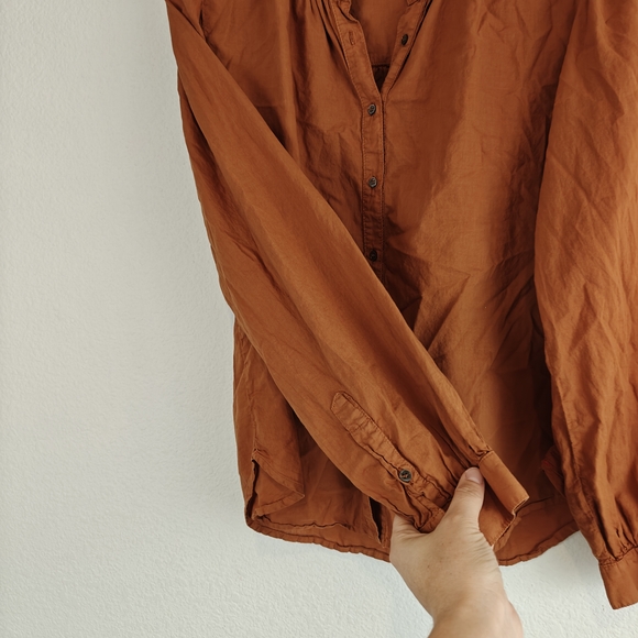 Xirena Orange Cotton Ruffle Neck Button Down Blouse | Relaxed Boho Coastal Chic - Picture 6 of 10
